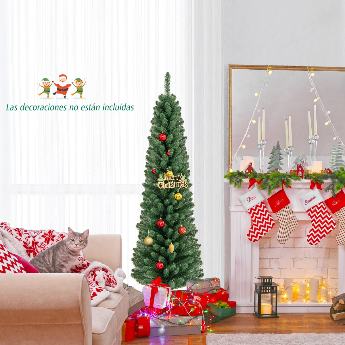 150 CM Árbol de Navidad de Lápiz Árbol Artificial con 295 Puntas de Ramas de Alambre Memoria Base de Metal Árbol Delgado Decoración