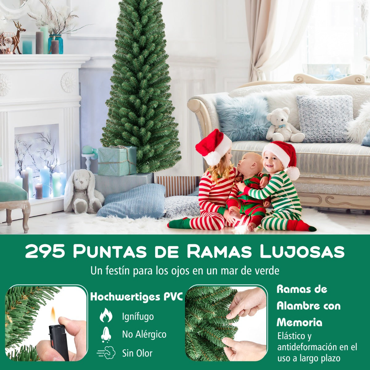 150 CM Árbol de Navidad de Lápiz Árbol Artificial con 295 Puntas de Ramas de Alambre Memoria Base de Metal Árbol Delgado Decoración