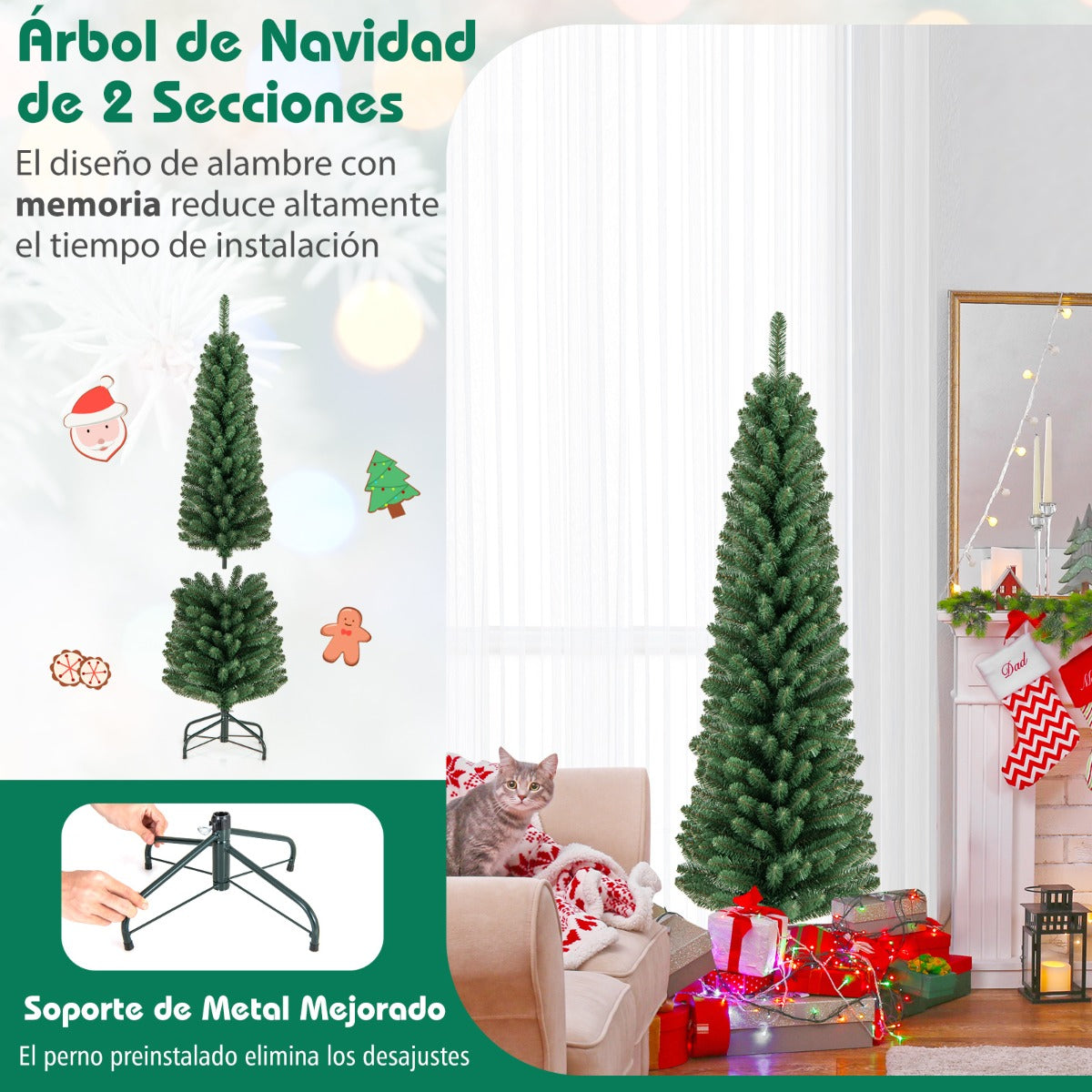 150 CM Árbol de Navidad de Lápiz Árbol Artificial con 295 Puntas de Ramas de Alambre Memoria Base de Metal Árbol Delgado Decoración