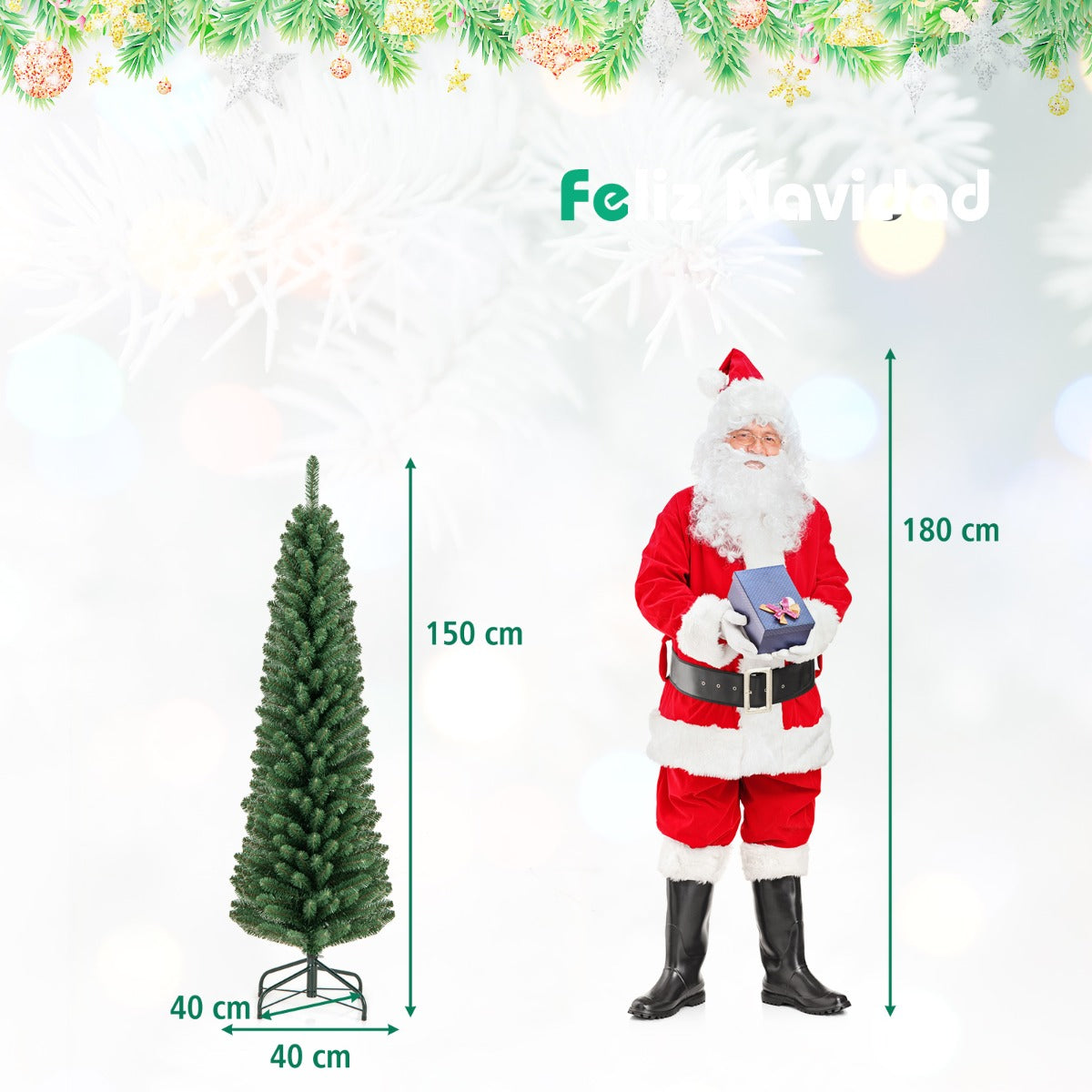 150 CM Árbol de Navidad de Lápiz Árbol Artificial con 295 Puntas de Ramas de Alambre Memoria Base de Metal Árbol Delgado Decoración