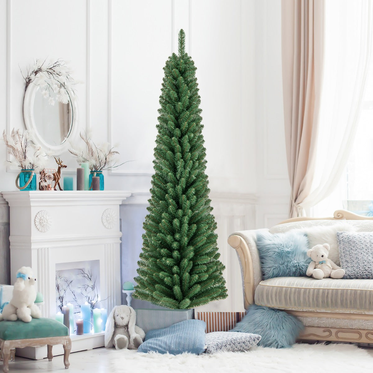 180 CM Árbol de Navidad de Lápiz Árbol Artificial con 392 Puntas de Ramas de Alambre Memoria Base de Metal Árbol Delgado Decoración