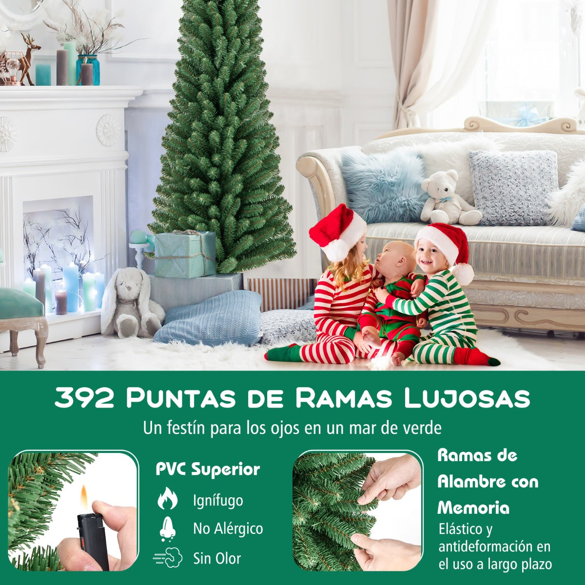 180 CM Árbol de Navidad de Lápiz Árbol Artificial con 392 Puntas de Ramas de Alambre Memoria Base de Metal Árbol Delgado Decoración