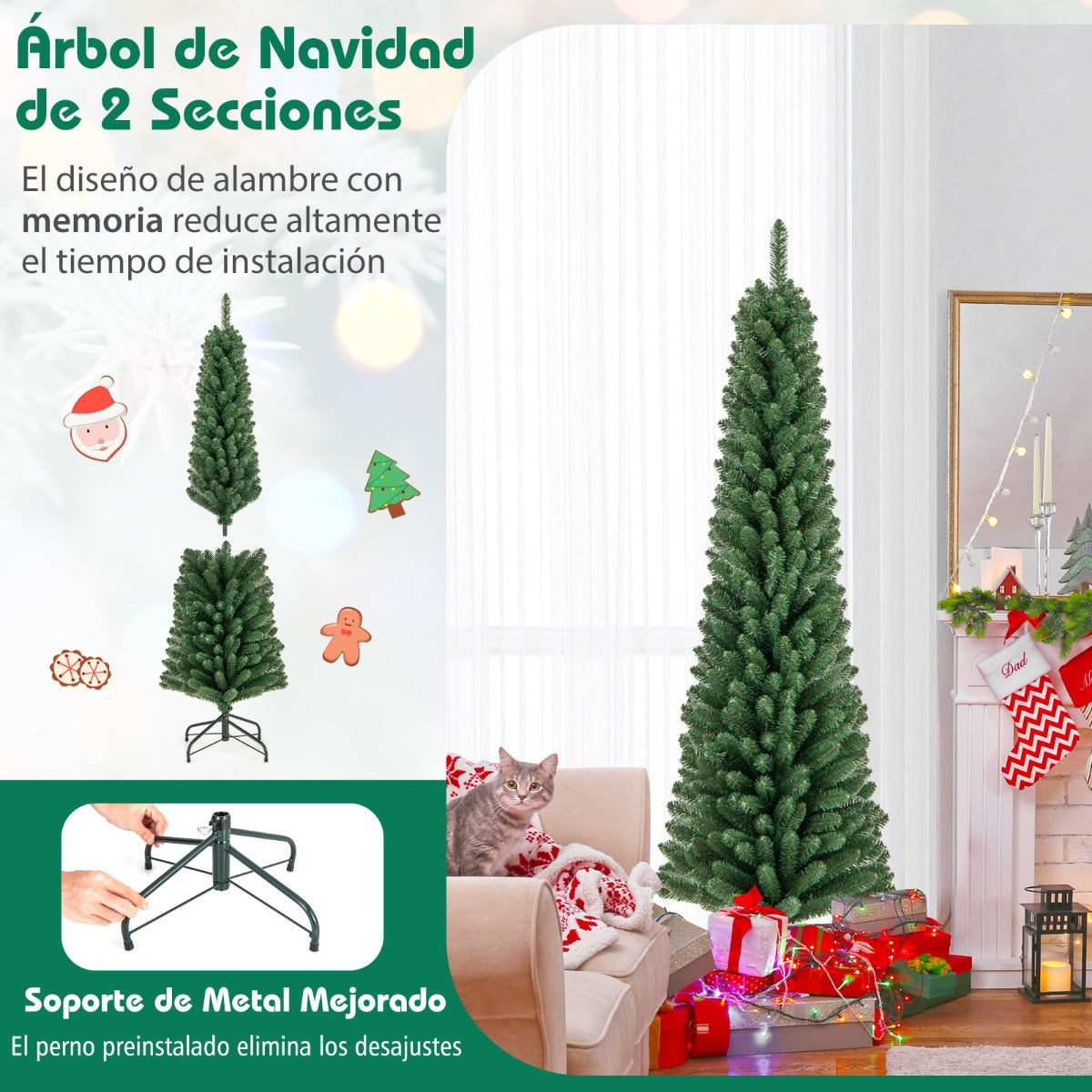 180 CM Árbol de Navidad de Lápiz Árbol Artificial con 392 Puntas de Ramas de Alambre Memoria Base de Metal Árbol Delgado Decoración