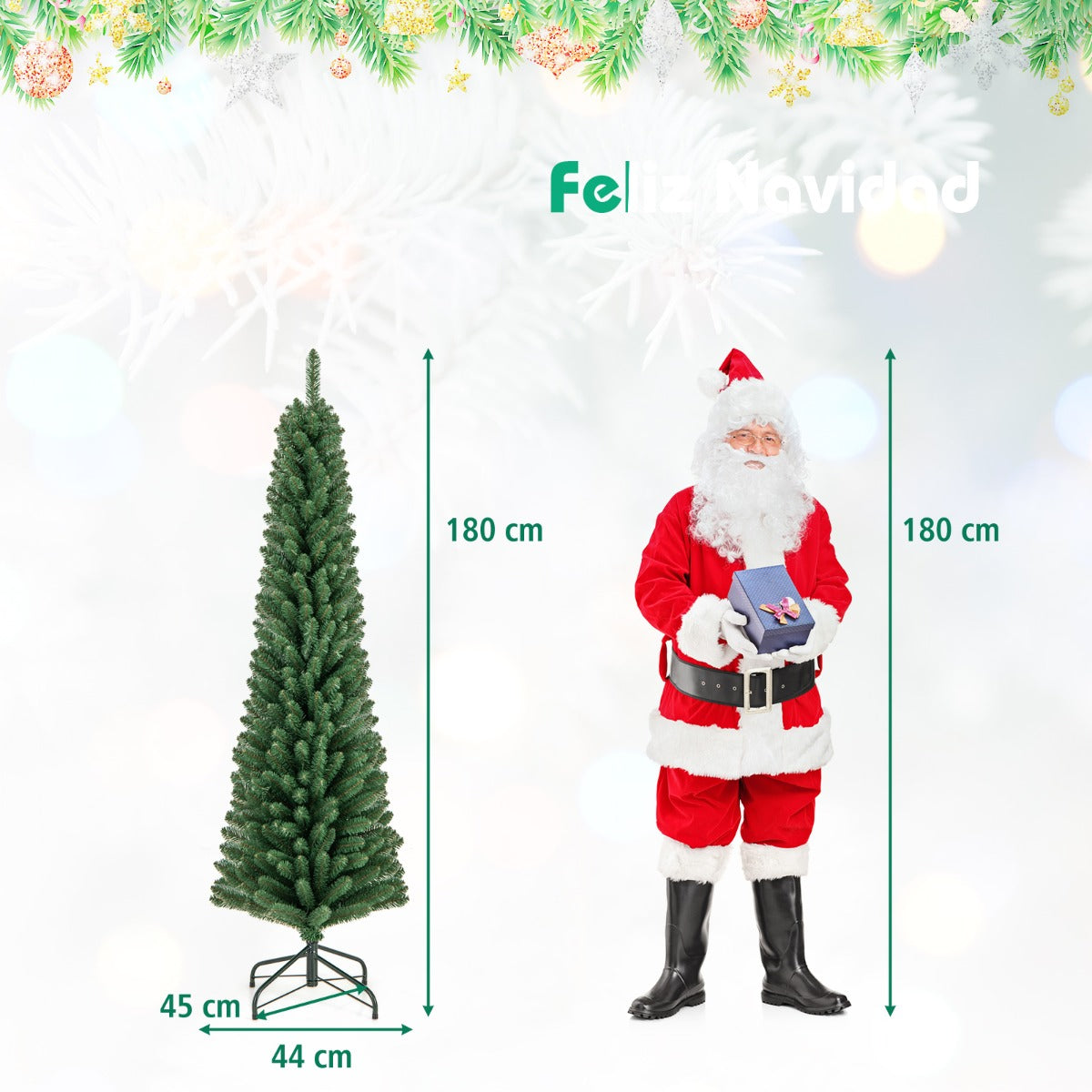 180 CM Árbol de Navidad de Lápiz Árbol Artificial con 392 Puntas de Ramas de Alambre Memoria Base de Metal Árbol Delgado Decoración