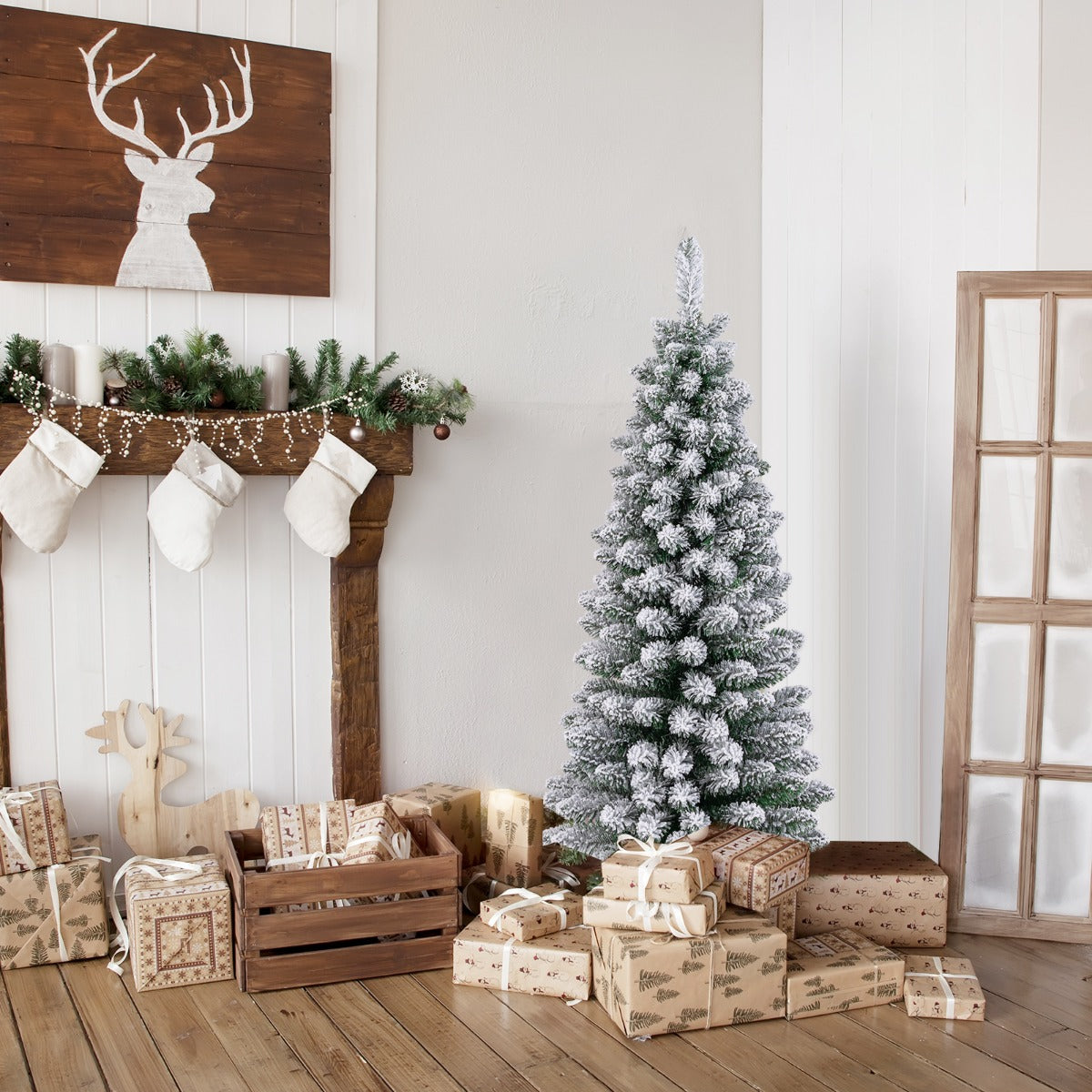 120 cm Árbol de Navidad Artificial Nevado con 240 Puntas de Ramas Base Metálica Plegable Árbol Decorativo de Temporada con Forma Delgada