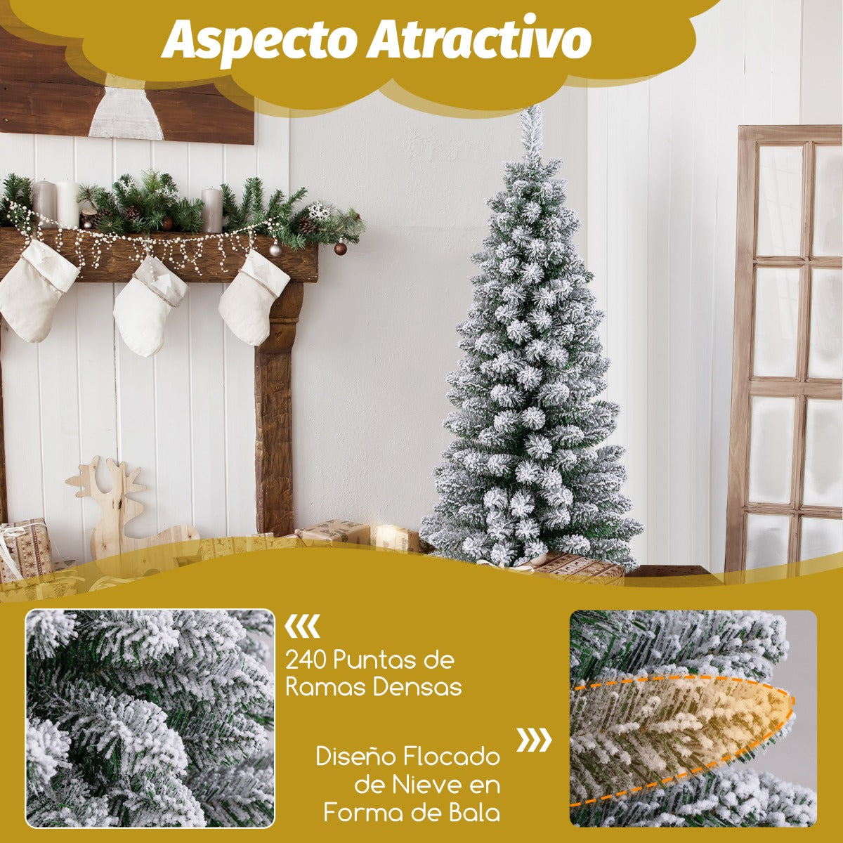 120 cm Árbol de Navidad Artificial Nevado con 240 Puntas de Ramas Base Metálica Plegable Árbol Decorativo de Temporada con Forma Delgada