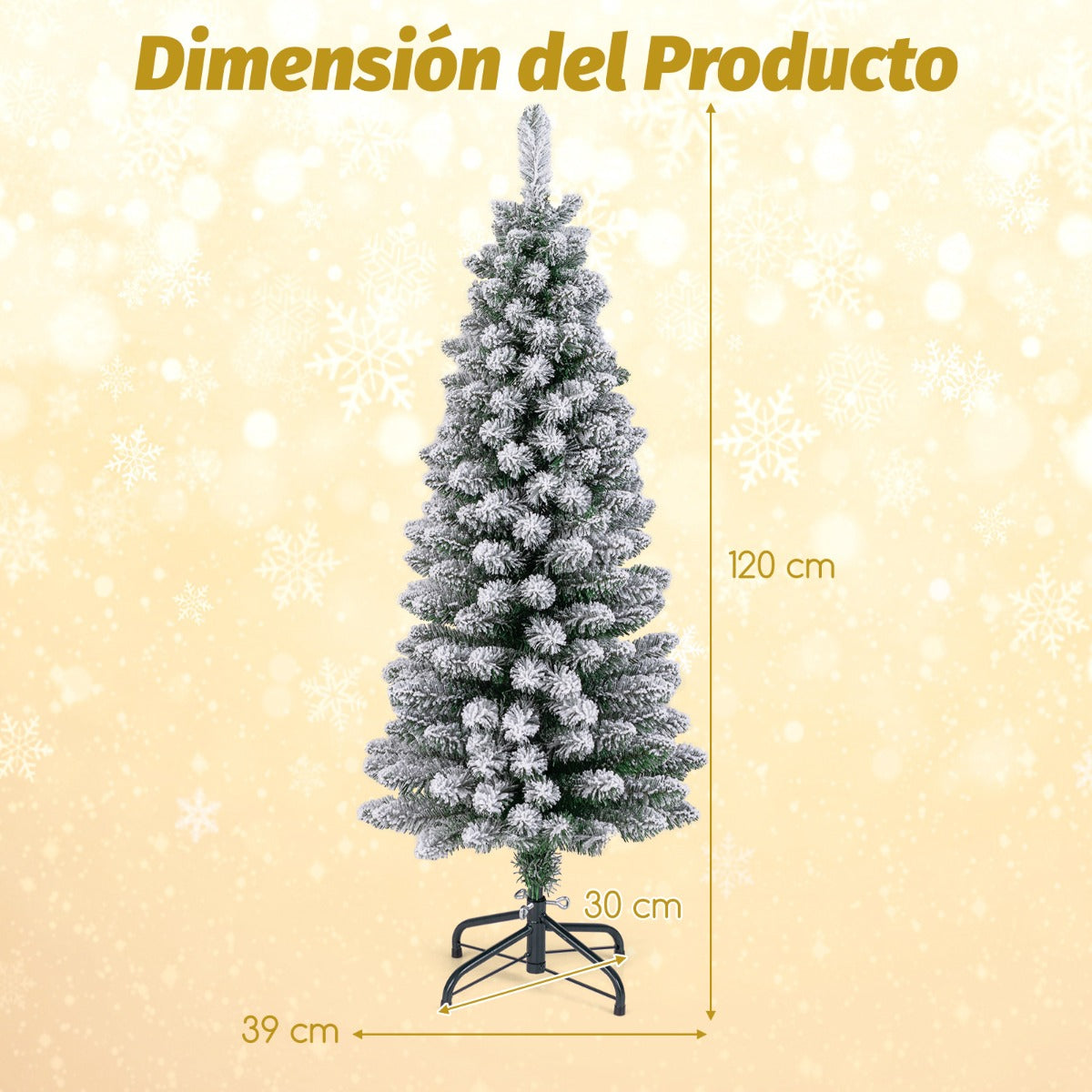 120 cm Árbol de Navidad Artificial Nevado con 240 Puntas de Ramas Base Metálica Plegable Árbol Decorativo de Temporada con Forma Delgada
