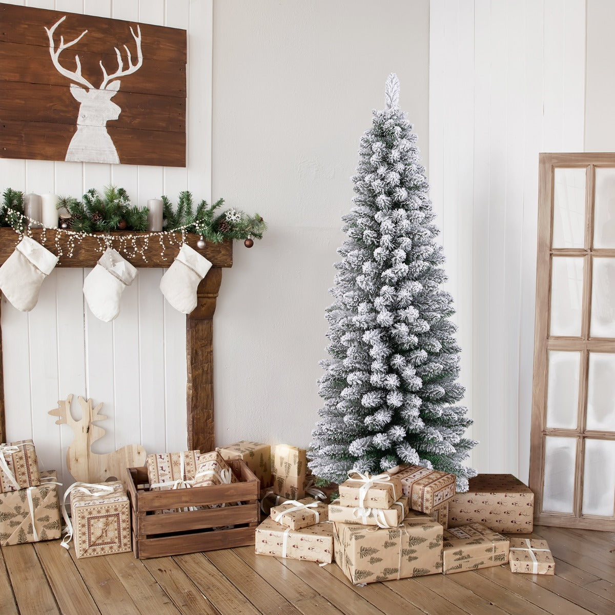 150 cm Árbol de Navidad Artificial Nevado con 328 Puntas de Ramas Base Metálica Plegable Árbol Decorativo de Temporada con Forma Delgada