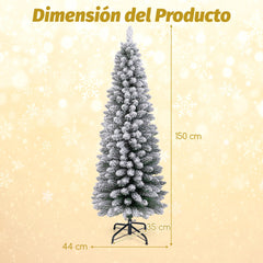 150 cm Árbol de Navidad Artificial Nevado con 328 Puntas de Ramas Base Metálica Plegable Árbol Decorativo de Temporada con Forma Delgada