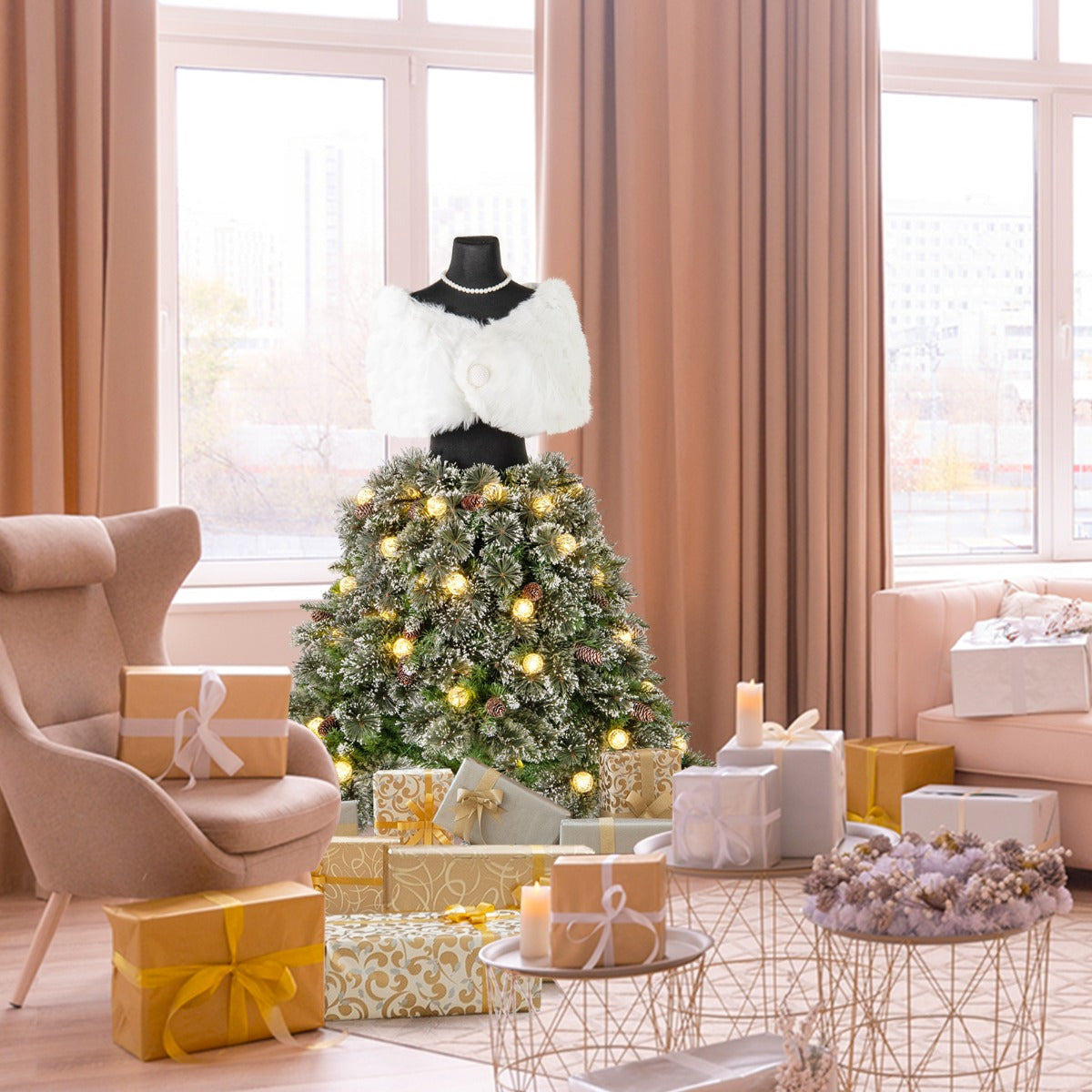 Árbol de Navidad Artificial de 150 cm con Maniquí Preiluminado Estructura Plegable y 465 Puntas de Ramas 50 Bolas LED 36 Piñas Chal Collar