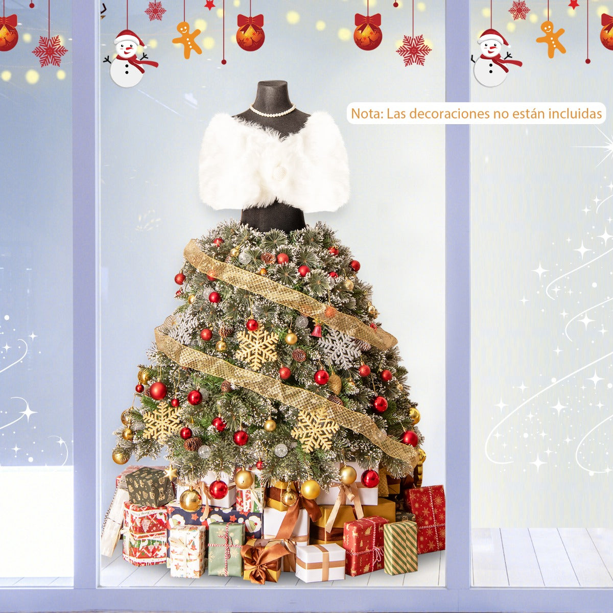 Árbol de Navidad Artificial de 150 cm con Maniquí Preiluminado Estructura Plegable y 465 Puntas de Ramas 50 Bolas LED 36 Piñas Chal Collar