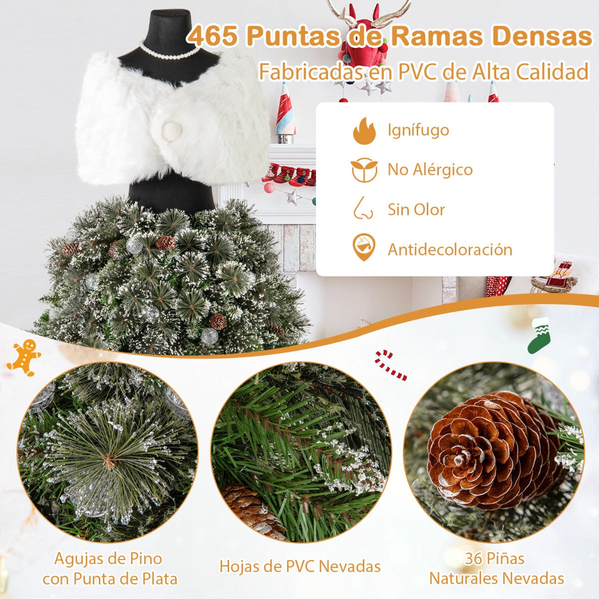 Árbol de Navidad Artificial de 150 cm con Maniquí Preiluminado Estructura Plegable y 465 Puntas de Ramas 50 Bolas LED 36 Piñas Chal Collar