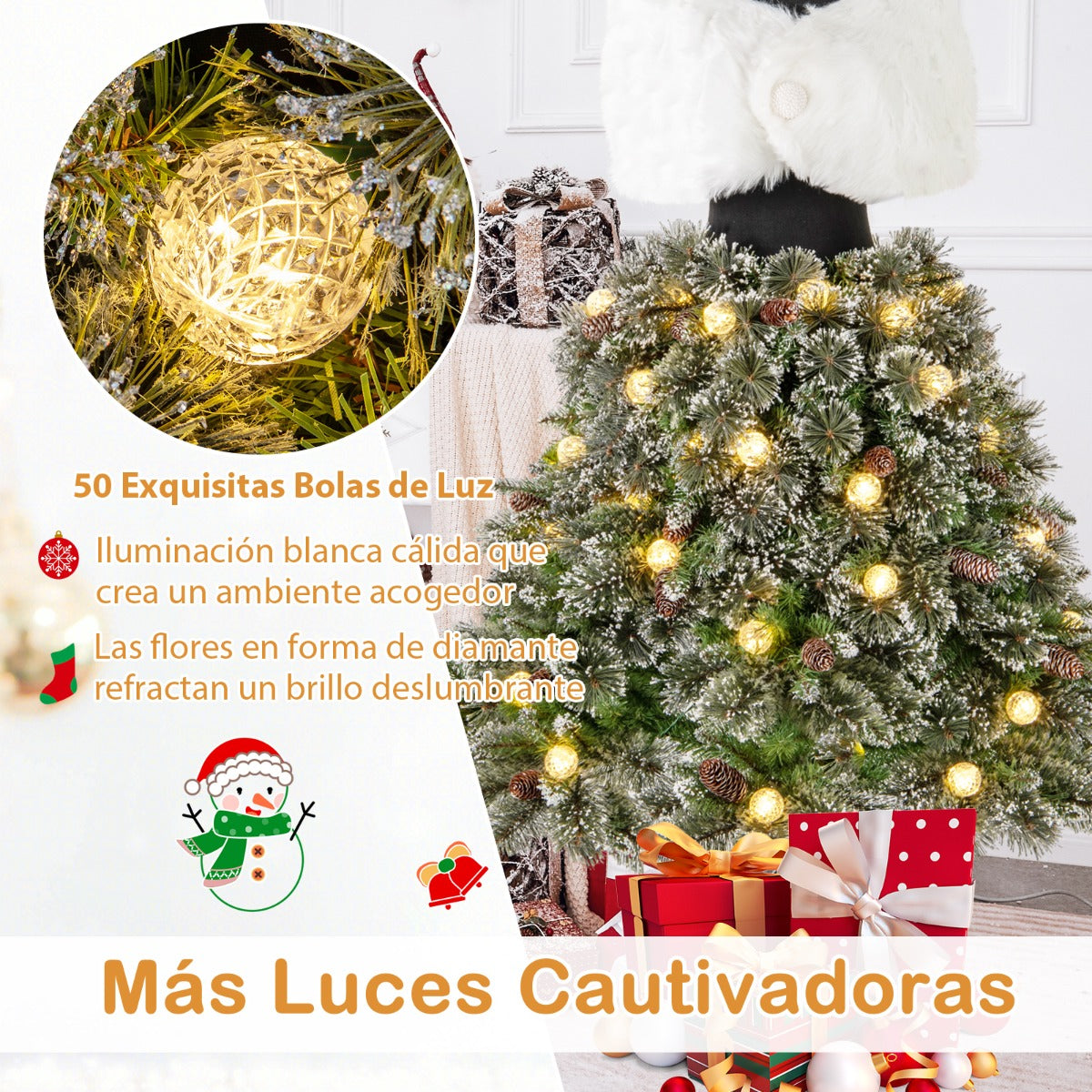 Árbol de Navidad Artificial de 150 cm con Maniquí Preiluminado Estructura Plegable y 465 Puntas de Ramas 50 Bolas LED 36 Piñas Chal Collar