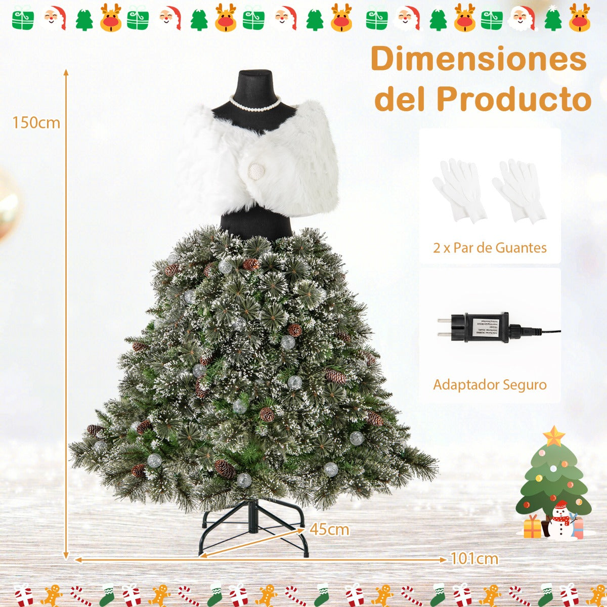 Árbol de Navidad Artificial de 150 cm con Maniquí Preiluminado Estructura Plegable y 465 Puntas de Ramas 50 Bolas LED 36 Piñas Chal Collar