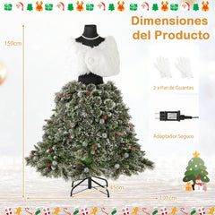 Árbol de Navidad Artificial de 150 cm con Maniquí Preiluminado Estructura Plegable y 465 Puntas de Ramas 50 Bolas LED 36 Piñas Chal Collar
