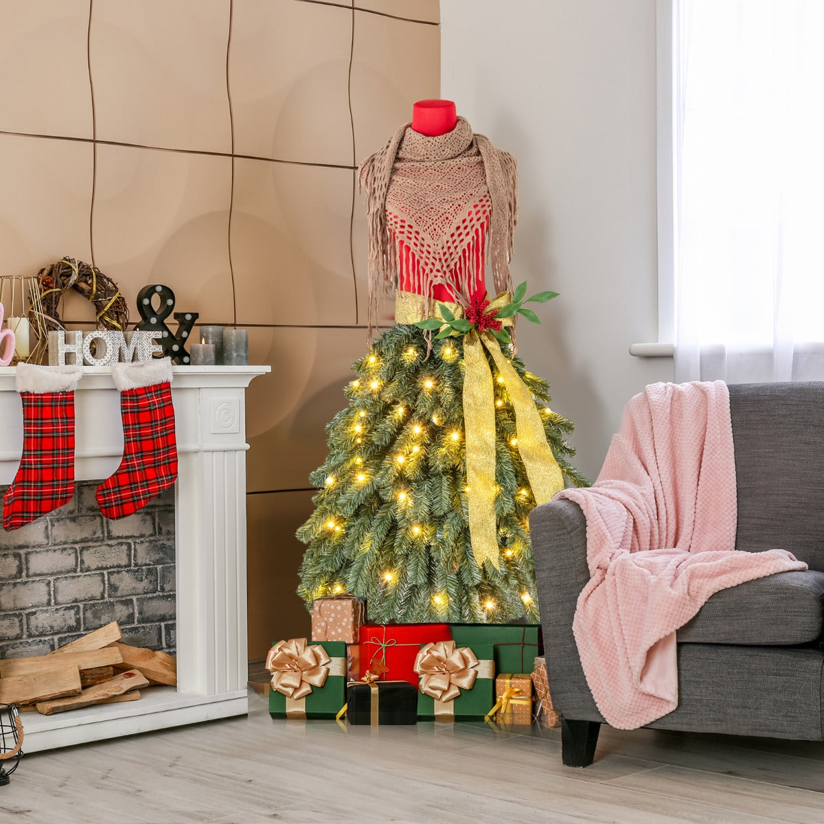 Árbol de Navidad Artificial Preiluminado de 150 cm con Maniquí en Forma de Vestido con 248 Puntas de Ramas 100 Luces LED Berries Rojas