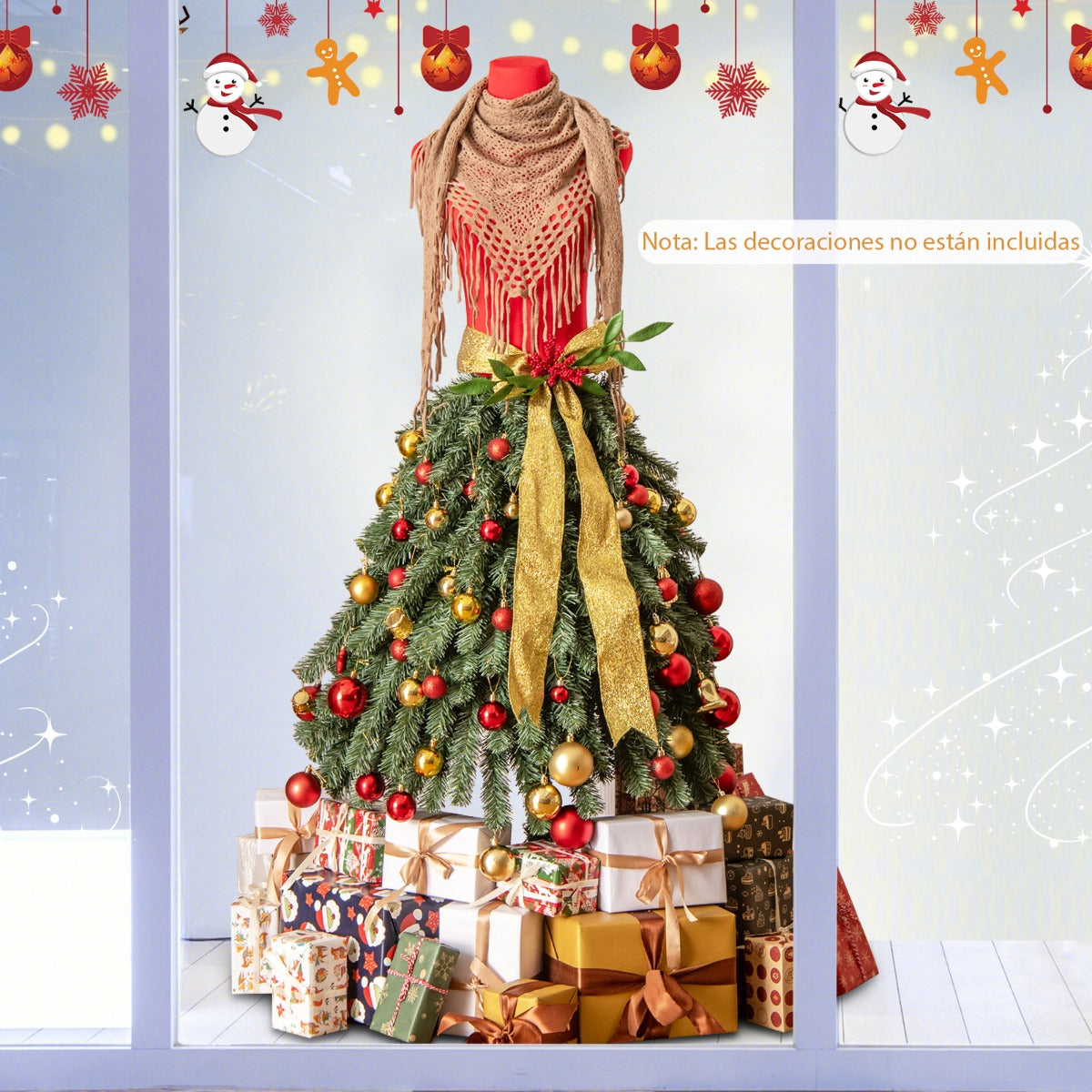 Árbol de Navidad Artificial Preiluminado de 150 cm con Maniquí en Forma de Vestido con 248 Puntas de Ramas 100 Luces LED Berries Rojas