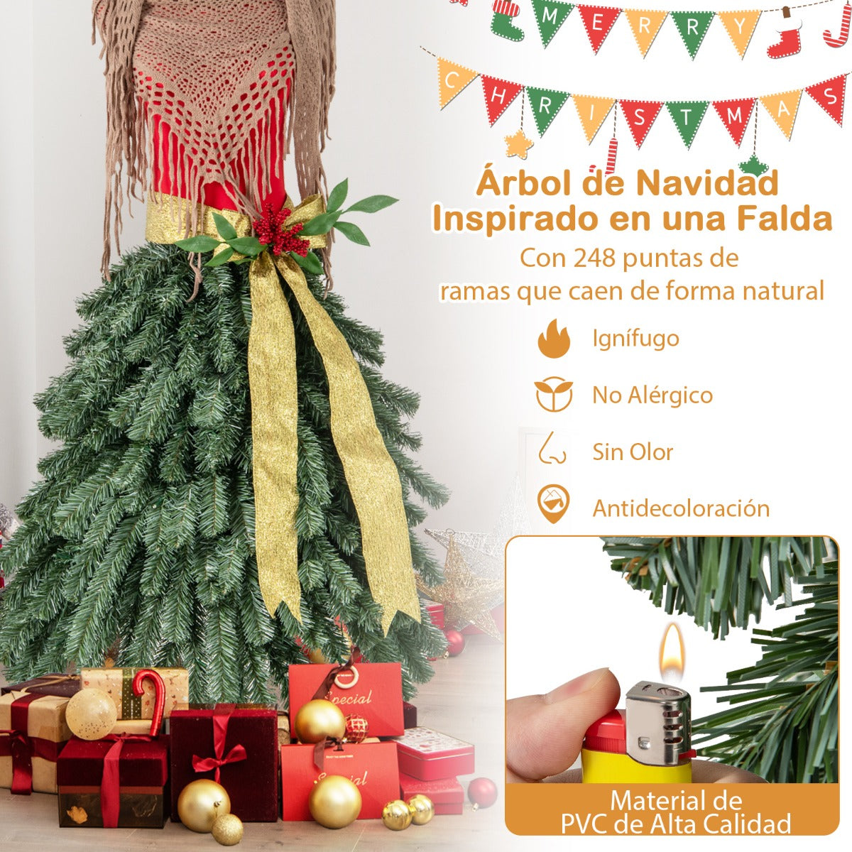 Árbol de Navidad Artificial Preiluminado de 150 cm con Maniquí en Forma de Vestido con 248 Puntas de Ramas 100 Luces LED Berries Rojas