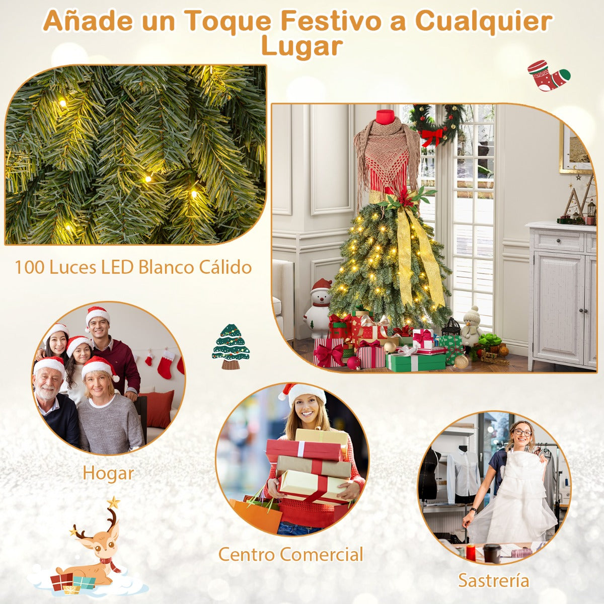 Árbol de Navidad Artificial Preiluminado de 150 cm con Maniquí en Forma de Vestido con 248 Puntas de Ramas 100 Luces LED Berries Rojas