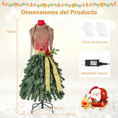 Árbol de Navidad Artificial Preiluminado de 150 cm con Maniquí en Forma de Vestido con 248 Puntas de Ramas 100 Luces LED Berries Rojas