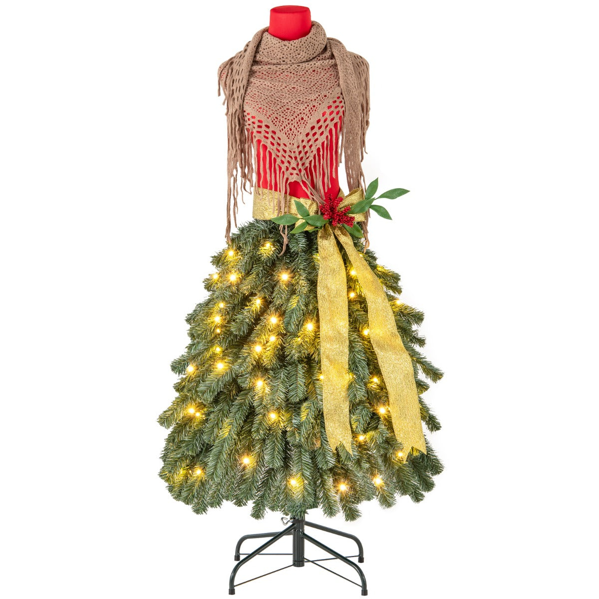 Árbol de Navidad Artificial Preiluminado de 150 cm con Maniquí en Forma de Vestido con 248 Puntas de Ramas 100 Luces LED Berries Rojas