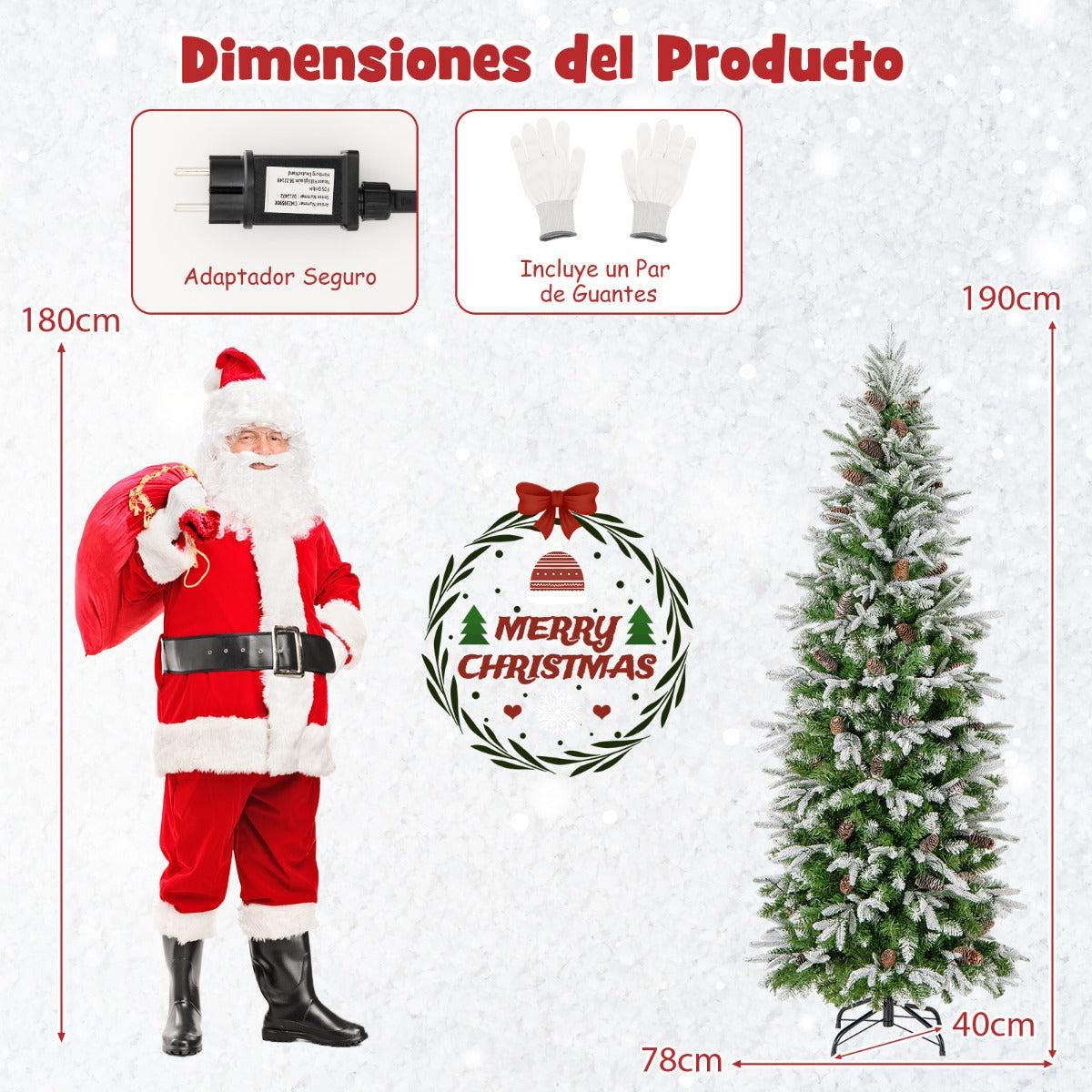 190 cm Árbol de Navidad Preiluminado Decoracion de Fiesta con 280 Luces LED Nieve Simulada 671 Ramas Articuladas 60 Piñas Árbol Delgado