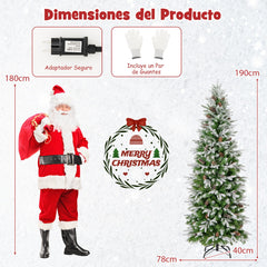 190 cm Árbol de Navidad Preiluminado Decoracion de Fiesta con 280 Luces LED Nieve Simulada 671 Ramas Articuladas 60 Piñas Árbol Delgado