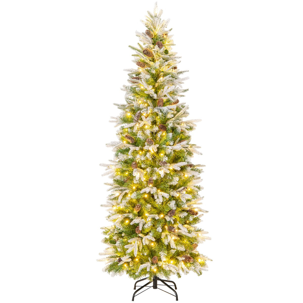 190 cm Árbol de Navidad Preiluminado Decoracion de Fiesta con 280 Luces LED Nieve Simulada 671 Ramas Articuladas 60 Piñas Árbol Delgado