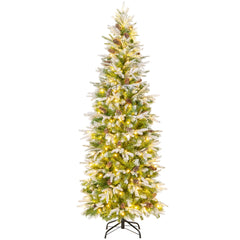 190 cm Árbol de Navidad Preiluminado Decoracion de Fiesta con 280 Luces LED Nieve Simulada 671 Ramas Articuladas 60 Piñas Árbol Delgado