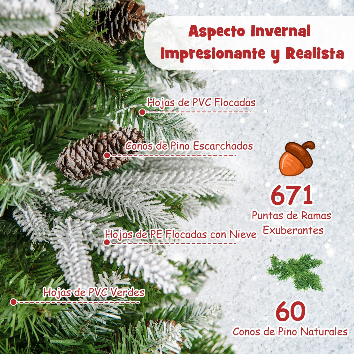 190 cm Árbol de Navidad Preiluminado Decoracion de Fiesta con 280 Luces LED Nieve Simulada 671 Ramas Articuladas 60 Piñas Árbol Delgado