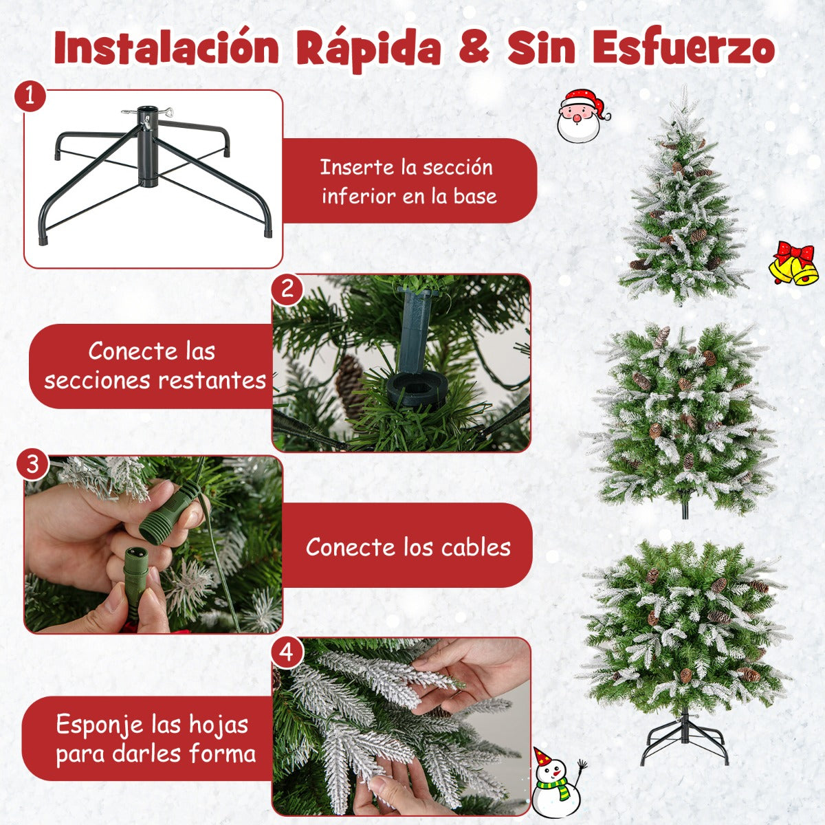 190 cm Árbol de Navidad Preiluminado Decoracion de Fiesta con 280 Luces LED Nieve Simulada 671 Ramas Articuladas 60 Piñas Árbol Delgado