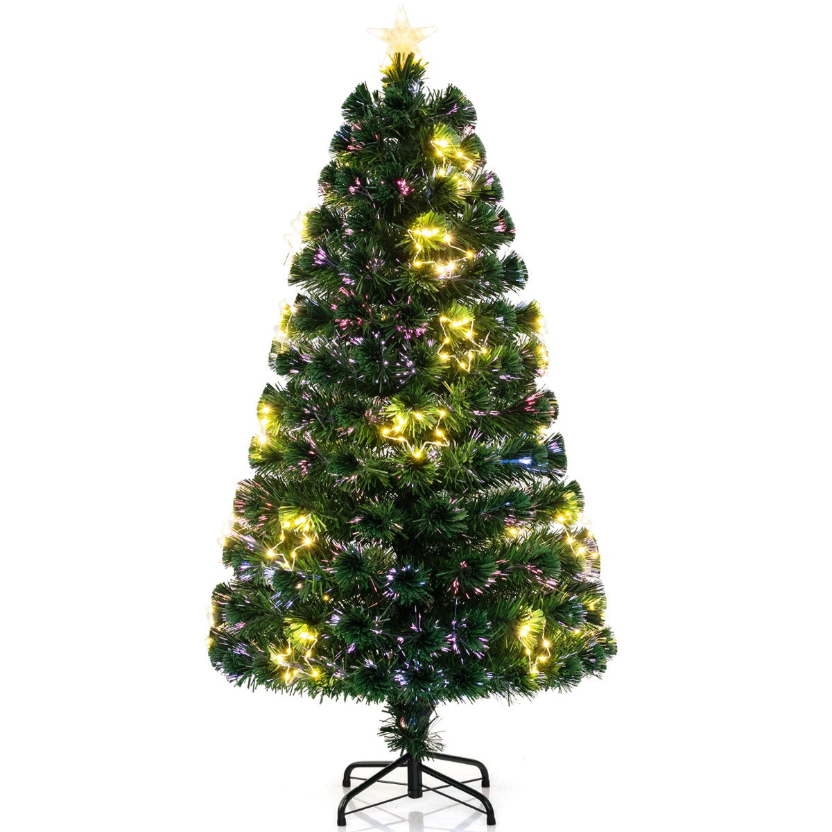 150 cm Árbol de Navidad de Fibra Óptica Artificial Preiluminado con Luces de Cuerda Ajustable en Color Base de Metal Decoración para Casa