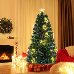 150 cm Árbol de Navidad de Fibra Óptica Artificial Preiluminado con Luces de Cuerda Ajustable en Color Base de Metal Decoración para Casa