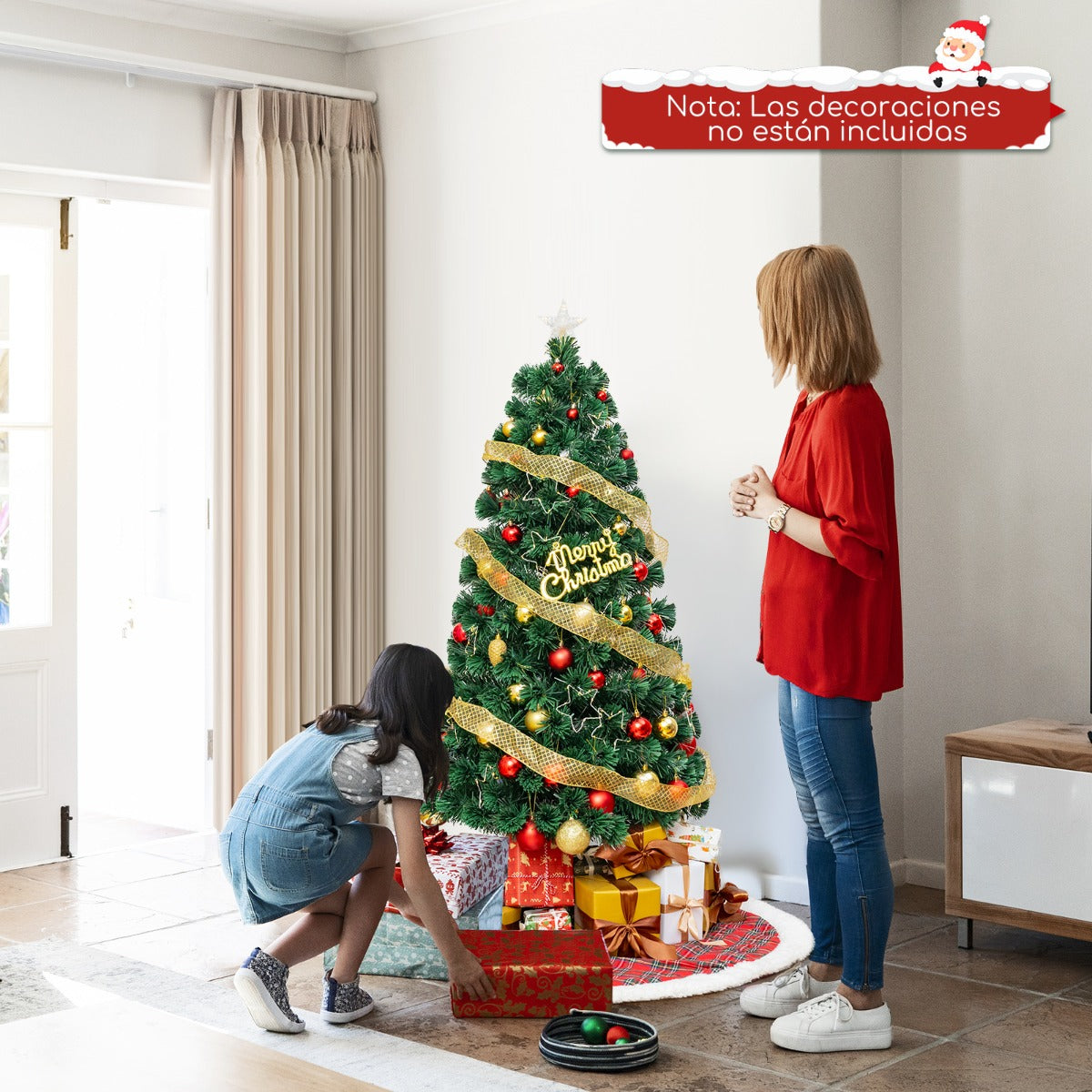 150 cm Árbol de Navidad de Fibra Óptica Artificial Preiluminado con Luces de Cuerda Ajustable en Color Base de Metal Decoración para Casa