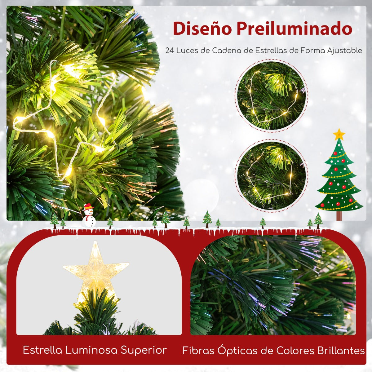 150 cm Árbol de Navidad de Fibra Óptica Artificial Preiluminado con Luces de Cuerda Ajustable en Color Base de Metal Decoración para Casa