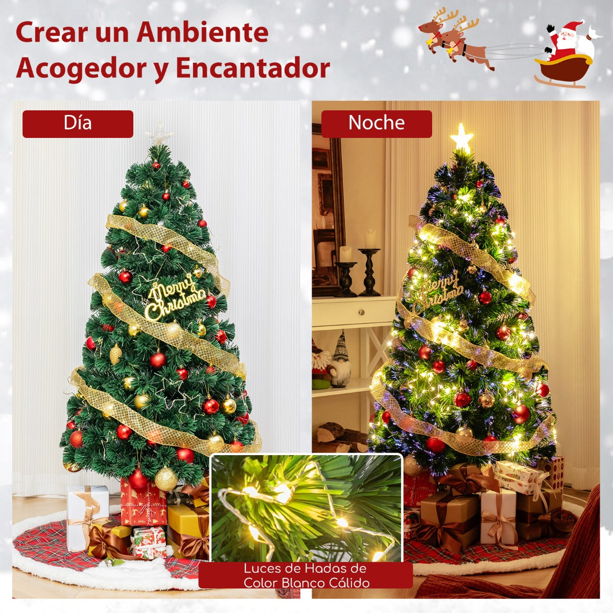 150 cm Árbol de Navidad de Fibra Óptica Artificial Preiluminado con Luces de Cuerda Ajustable en Color Base de Metal Decoración para Casa