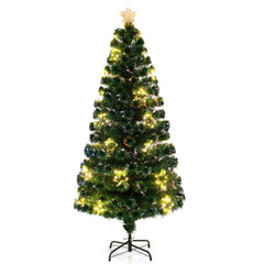 180 cm Árbol de Navidad de Fibra Óptica Artificial Preiluminado con Luces de Cuerda Ajustable en Color Base de Metal Decoración para Casa