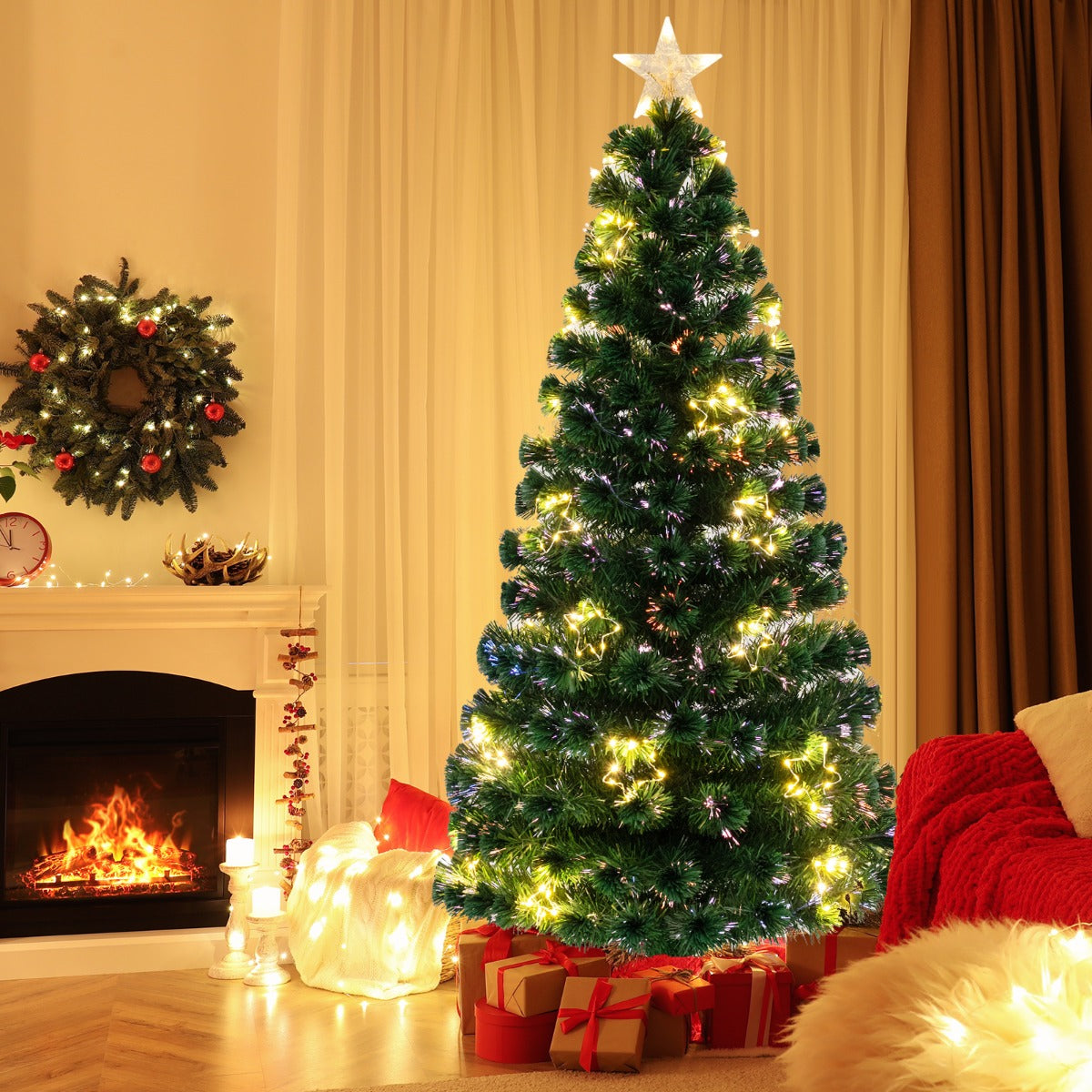 180 cm Árbol de Navidad de Fibra Óptica Artificial Preiluminado con Luces de Cuerda Ajustable en Color Base de Metal Decoración para Casa