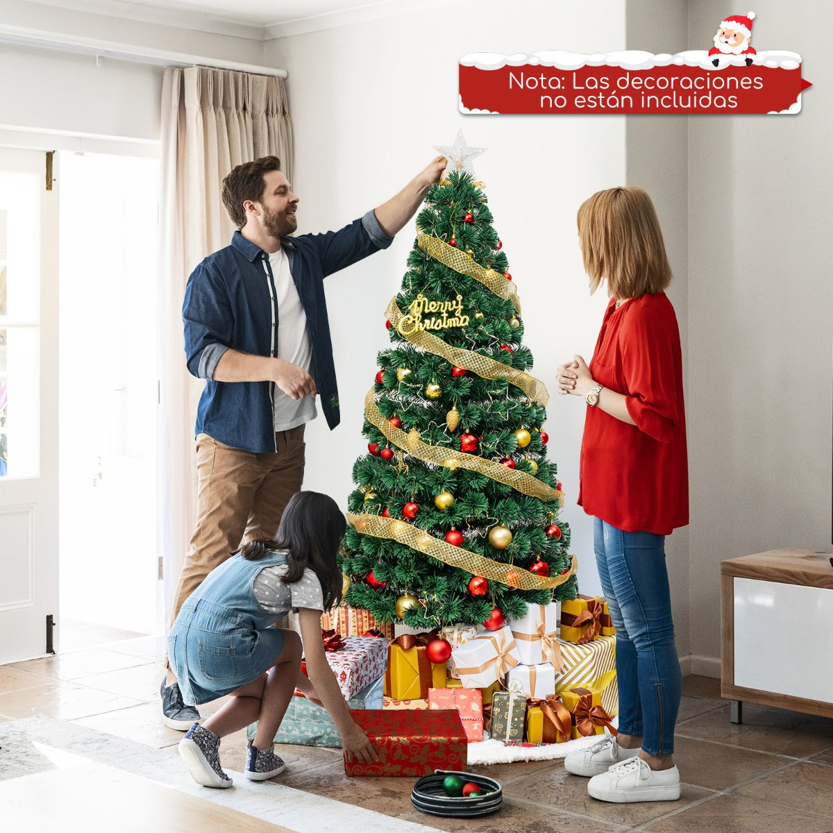 180 cm Árbol de Navidad de Fibra Óptica Artificial Preiluminado con Luces de Cuerda Ajustable en Color Base de Metal Decoración para Casa