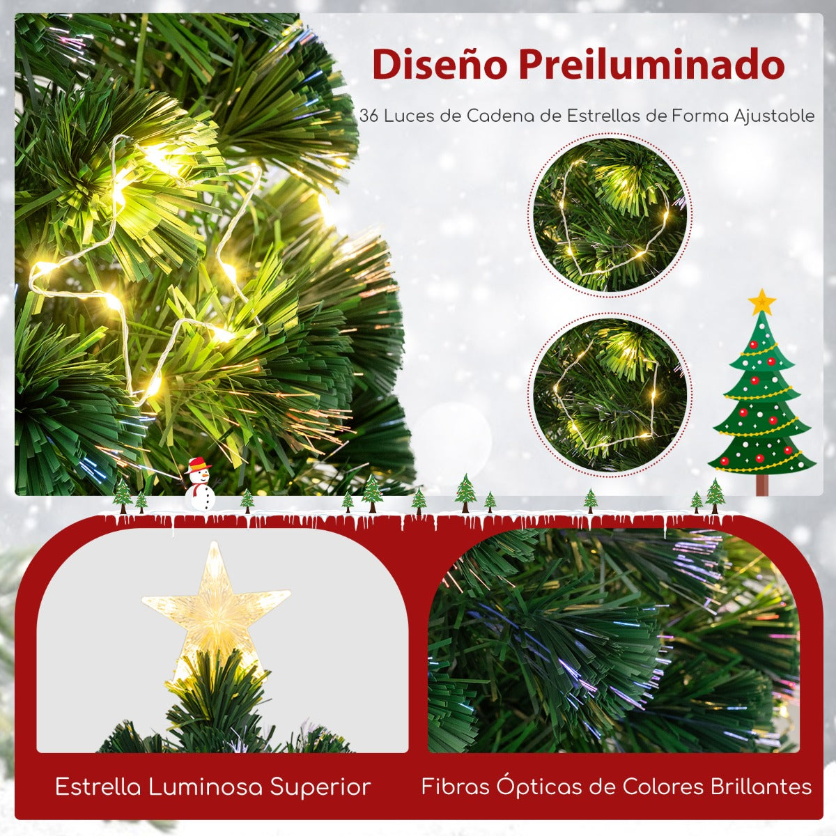 180 cm Árbol de Navidad de Fibra Óptica Artificial Preiluminado con Luces de Cuerda Ajustable en Color Base de Metal Decoración para Casa
