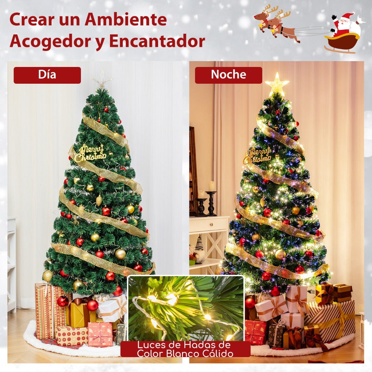 180 cm Árbol de Navidad de Fibra Óptica Artificial Preiluminado con Luces de Cuerda Ajustable en Color Base de Metal Decoración para Casa