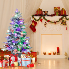 100 CM Árbol de Navidad Artificial Preiluminado en Maceta con Nieve 148 Puntas de PVC y PE 80 Luces LED Coloridas Globulares Decoración
