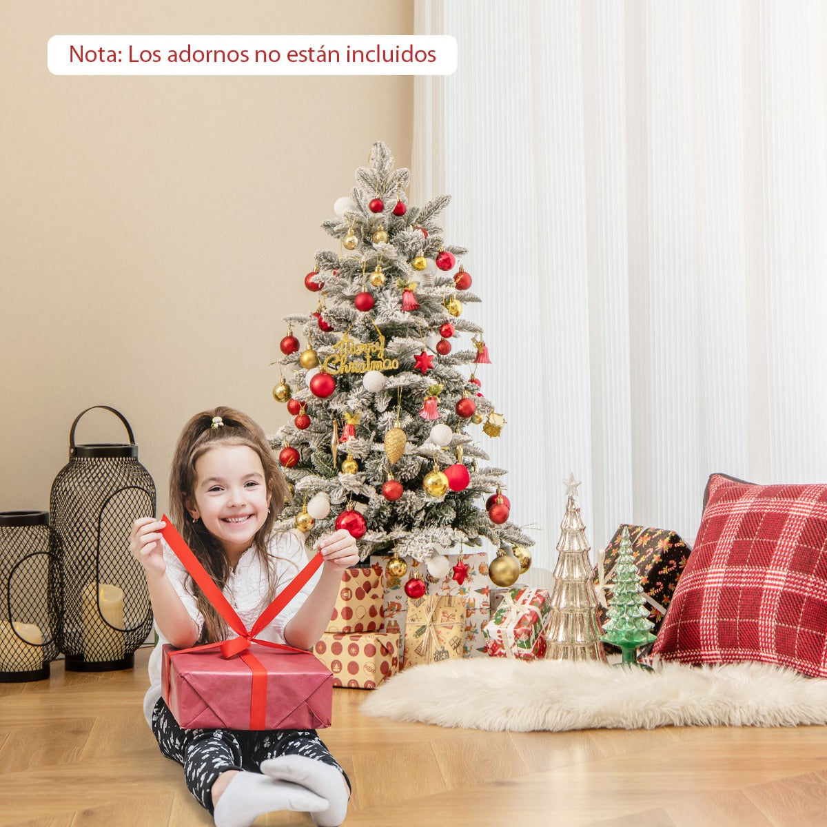 100 CM Árbol de Navidad Artificial Preiluminado en Maceta con Nieve 148 Puntas de PVC y PE 80 Luces LED Coloridas Globulares Decoración