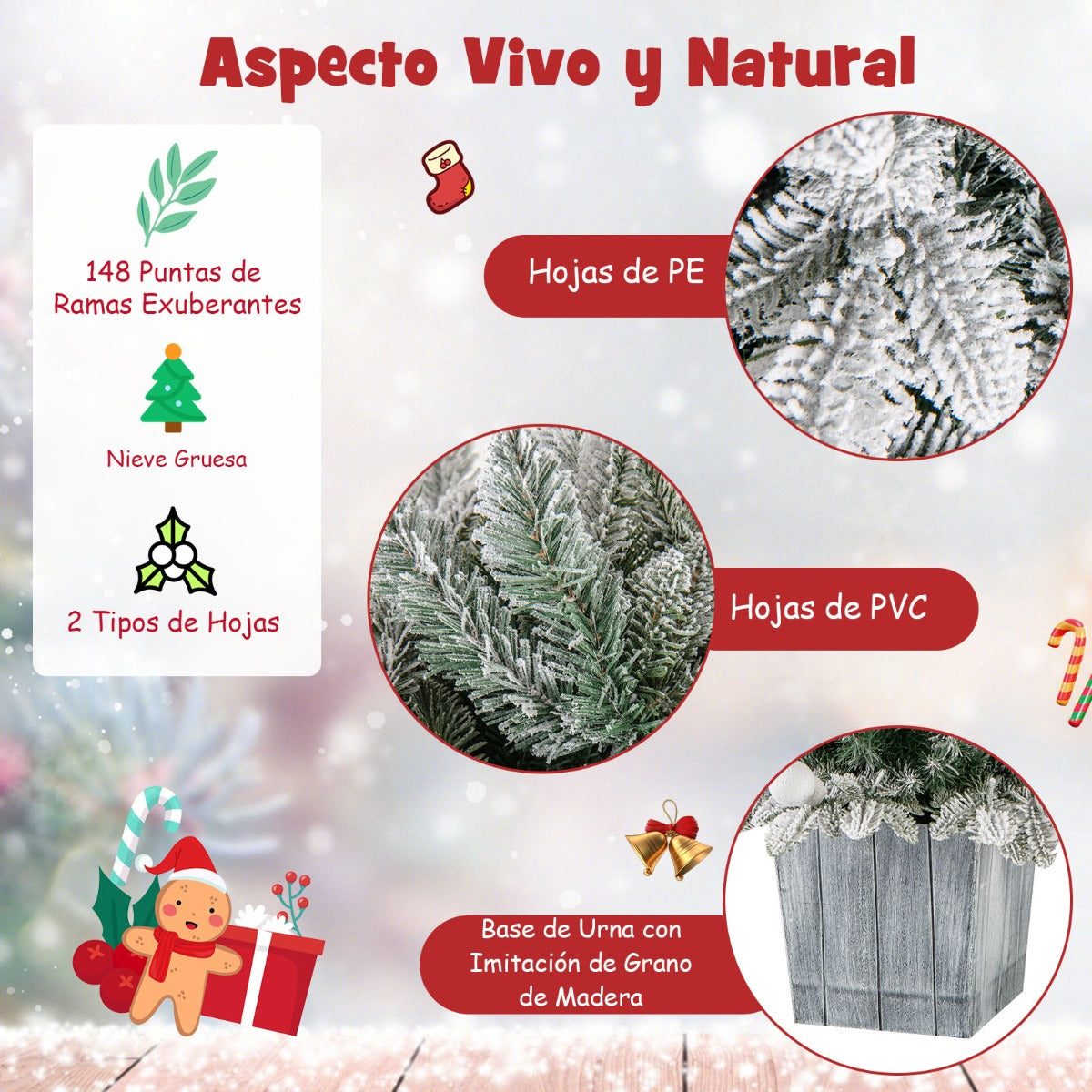 100 CM Árbol de Navidad Artificial Preiluminado en Maceta con Nieve 148 Puntas de PVC y PE 80 Luces LED Coloridas Globulares Decoración