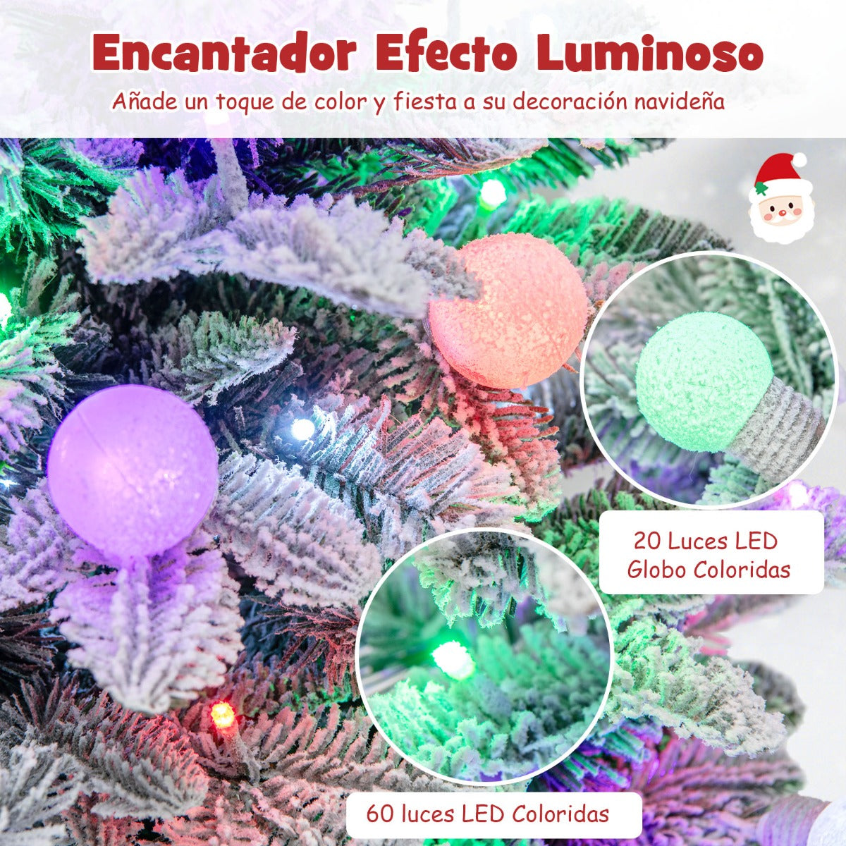 100 CM Árbol de Navidad Artificial Preiluminado en Maceta con Nieve 148 Puntas de PVC y PE 80 Luces LED Coloridas Globulares Decoración