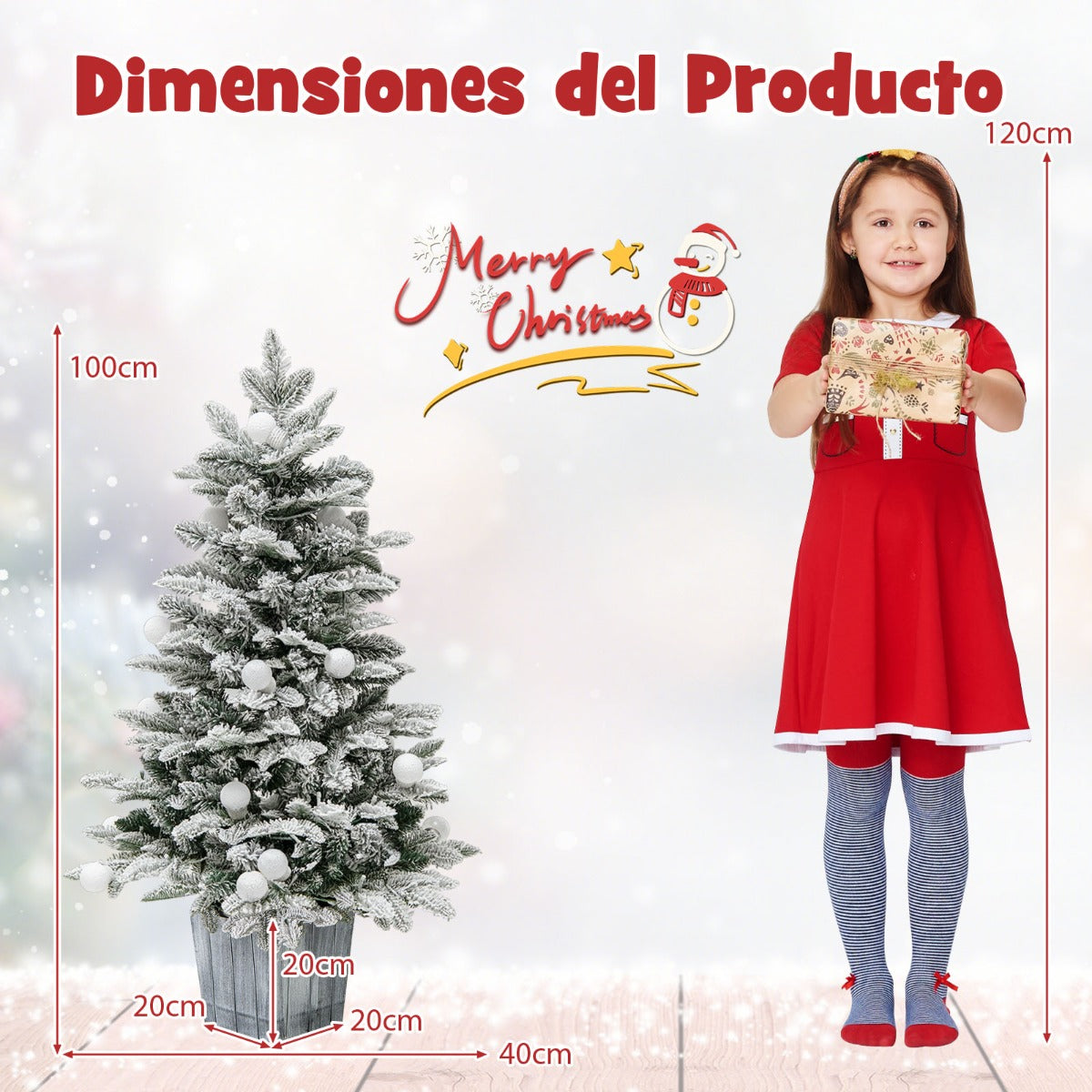100 CM Árbol de Navidad Artificial Preiluminado en Maceta con Nieve 148 Puntas de PVC y PE 80 Luces LED Coloridas Globulares Decoración