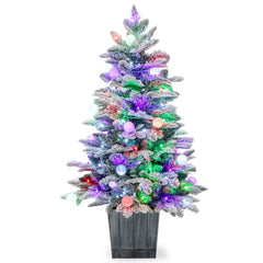100 CM Árbol de Navidad Artificial Preiluminado en Maceta con Nieve 148 Puntas de PVC y PE 80 Luces LED Coloridas Globulares Decoración