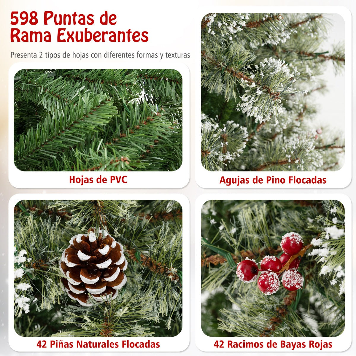 180 cm Árbol de Navidad Artificial Preiluminado con Conector Rápido de 360° 598 Agujas de Pino y Puntas de PVC 350 Luces LED Multicolor