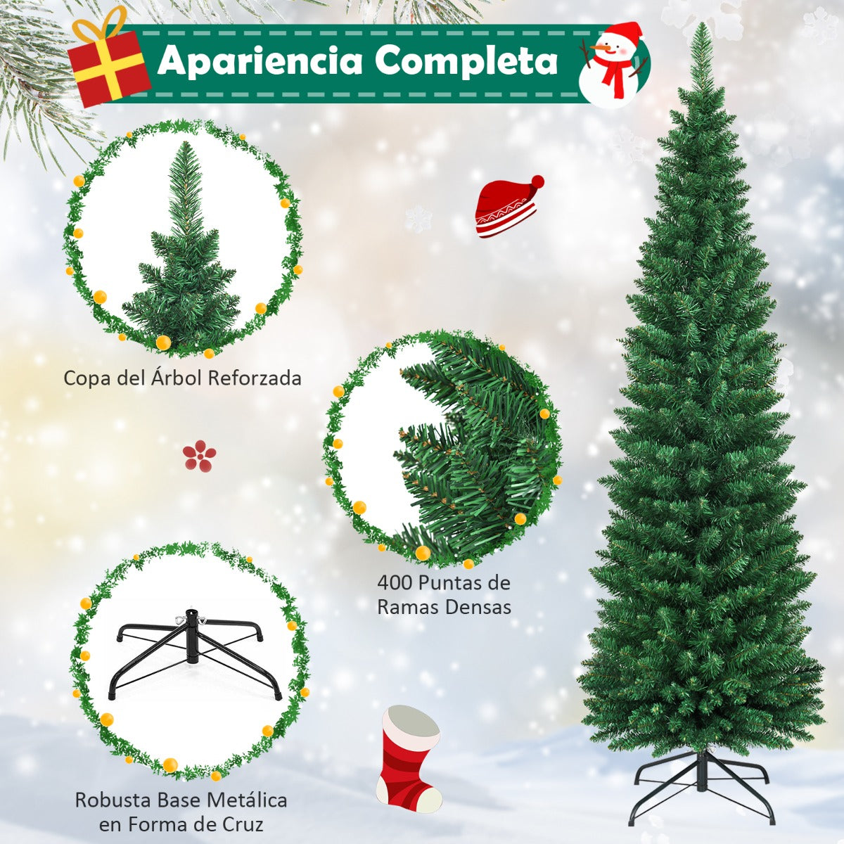 180cm Árbol de Navidad Artificial Lápiz con 400 Puntas de Rama PVC Ignífuga Soporte de Metal Fácil de Montar Verde