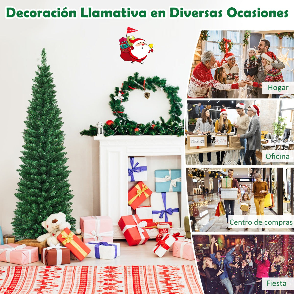 180cm Árbol de Navidad Artificial Lápiz con 400 Puntas de Rama PVC Ignífuga Soporte de Metal Fácil de Montar Verde